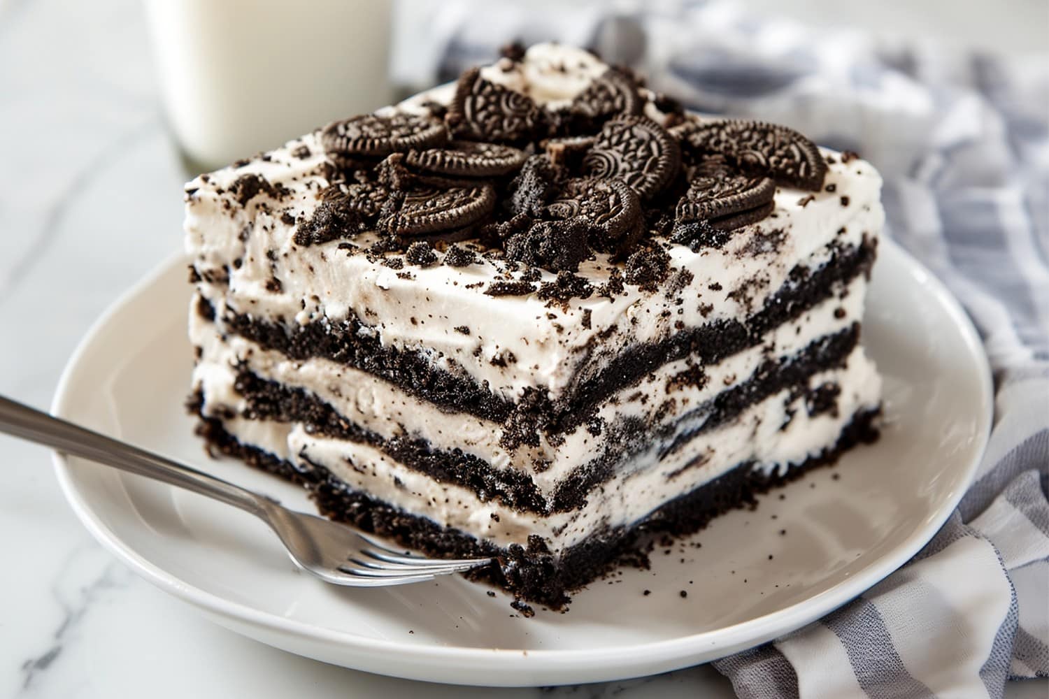 Oreo icebox cake topped with crushed cookies, served with milk
