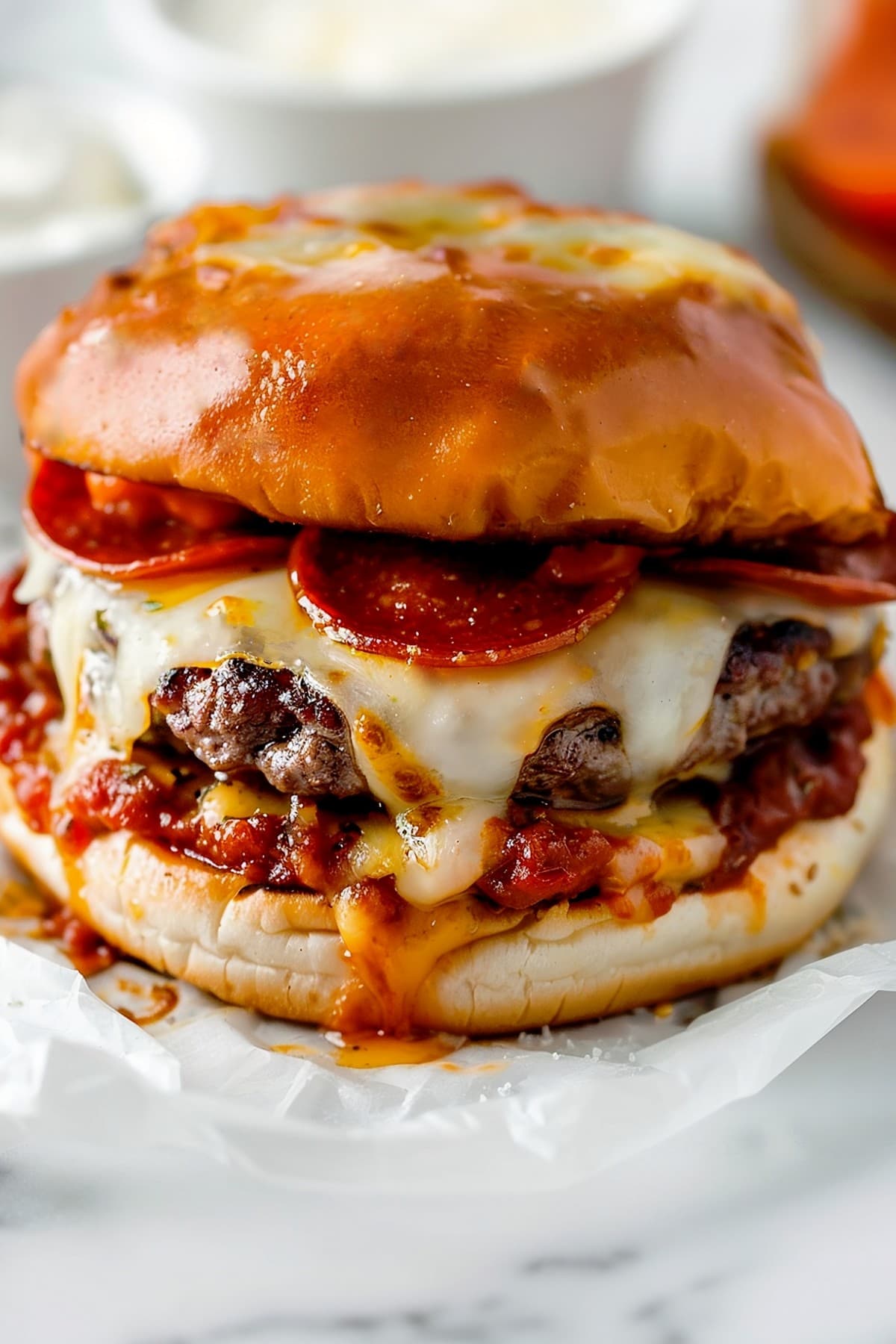 Juicy pizza burgers stacked with savory pepperoni, melted mozzarella cheese, and tangy marinara sauce