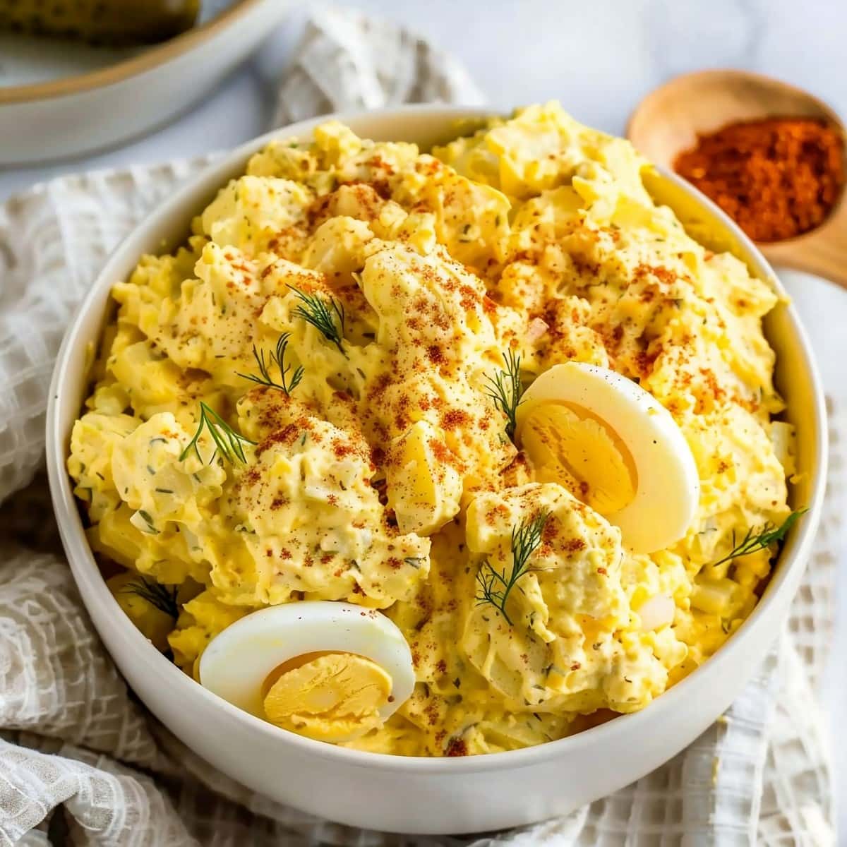 Delicious deviled egg potato salad, combining two classic dishes into one irresistible side