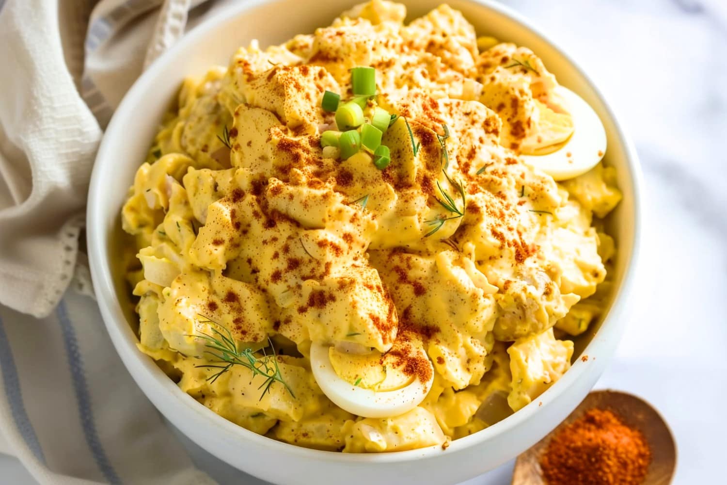 Mouthwatering deviled egg-inspired potato salad, garnished with dill and paprika for an extra pop of flavor