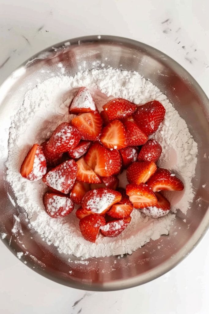 Diced strawberries and flour in a mixing bowl