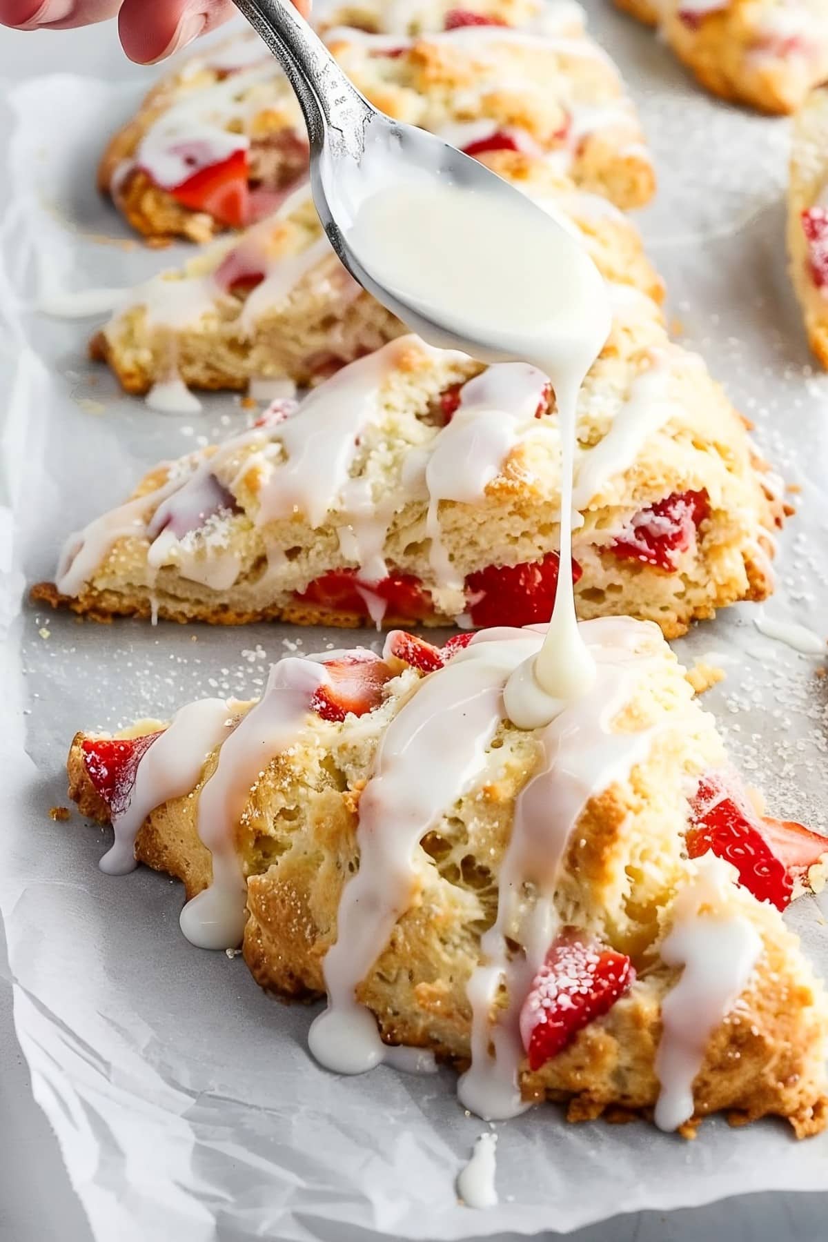 strawberry scones being drizzled with icing on a baking sheet