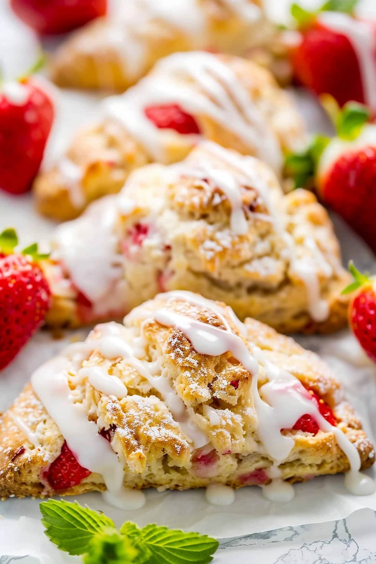 Mouthwatering strawberry scones, infused fresh, ripe strawberries and drizzled with glaze