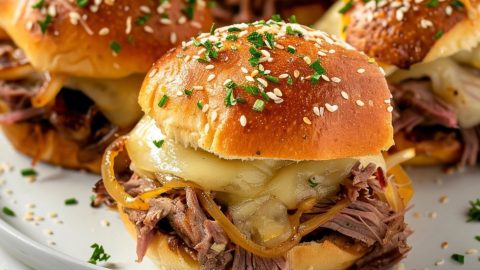 French dip sliders in a white plate with melted cheese sprinkled with sesame seeds.