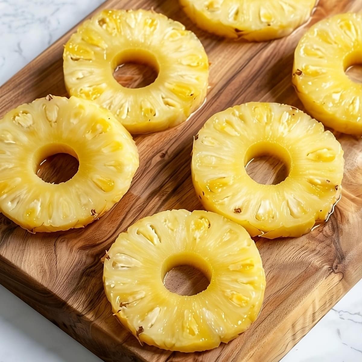 Fresh pineapple rings on a wooden board.