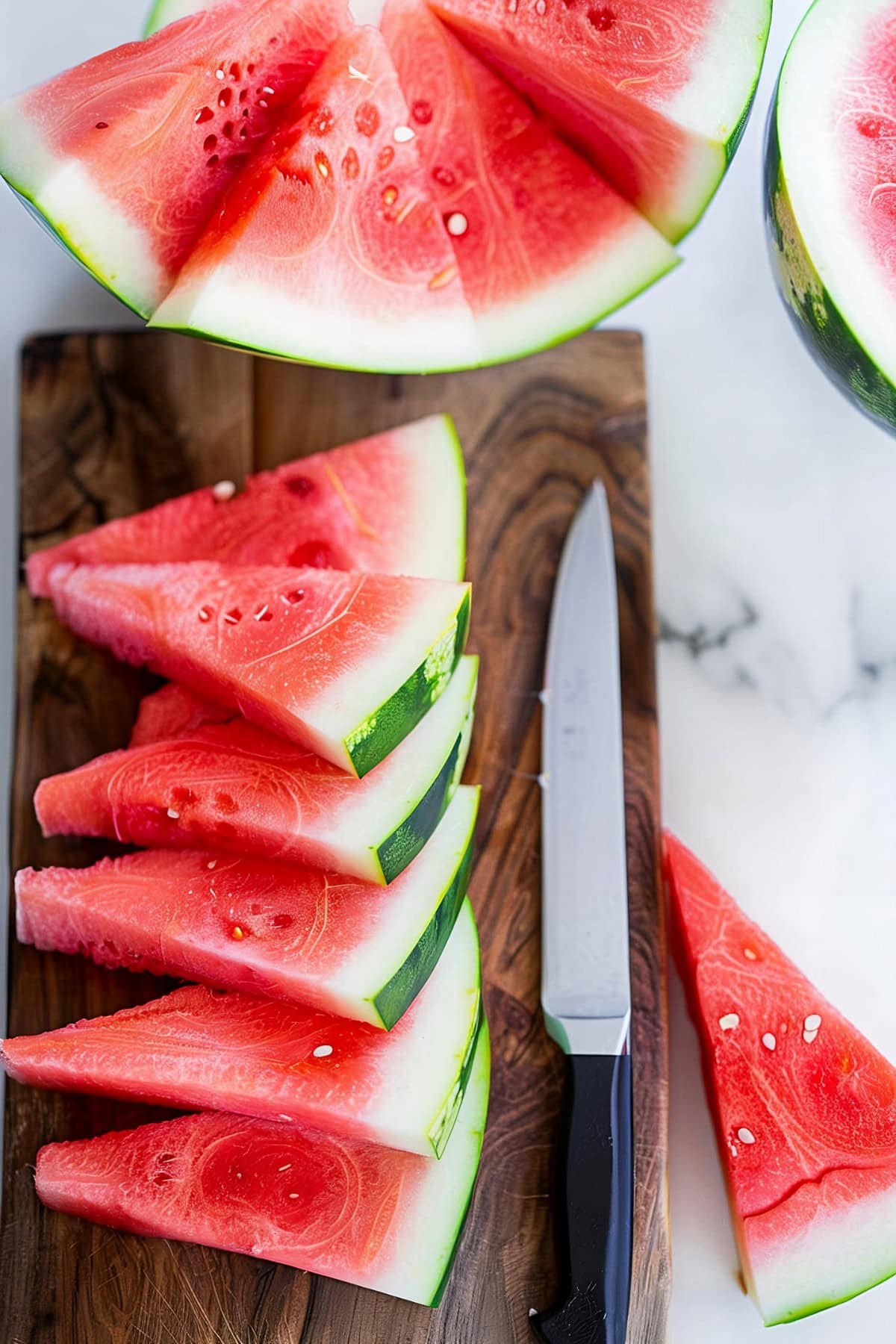 Sliced watermelon in a wooden cutting board with knife