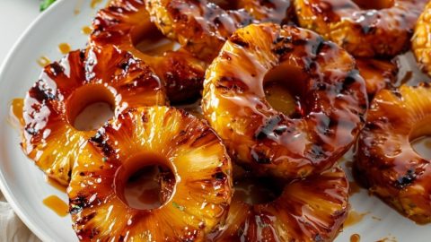 Grilled pineapple rings served in a white plate, with sugar glaze.