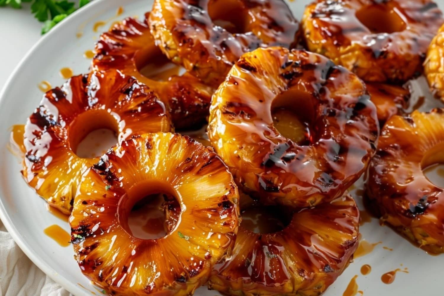 Grilled pineapple rings served in a white plate, with sugar glaze.