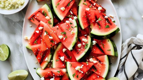 Succulent grilled watermelon wedges with feta and lime, featuring charred grill marks and a hint of smokiness