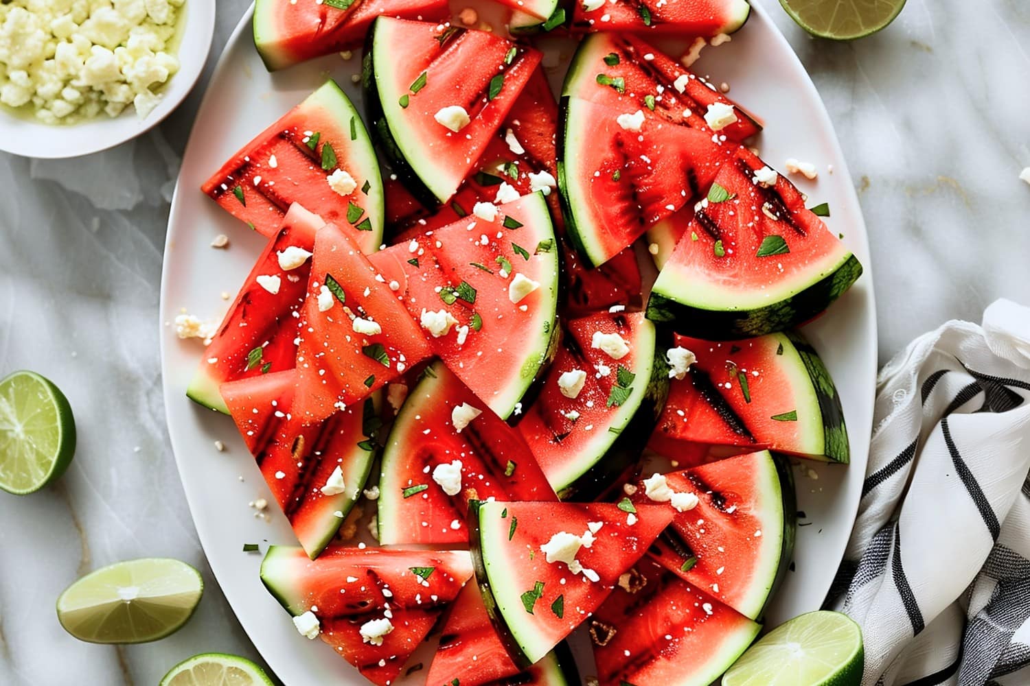 Succulent grilled watermelon wedges with feta and lime, featuring charred grill marks and a hint of smokiness