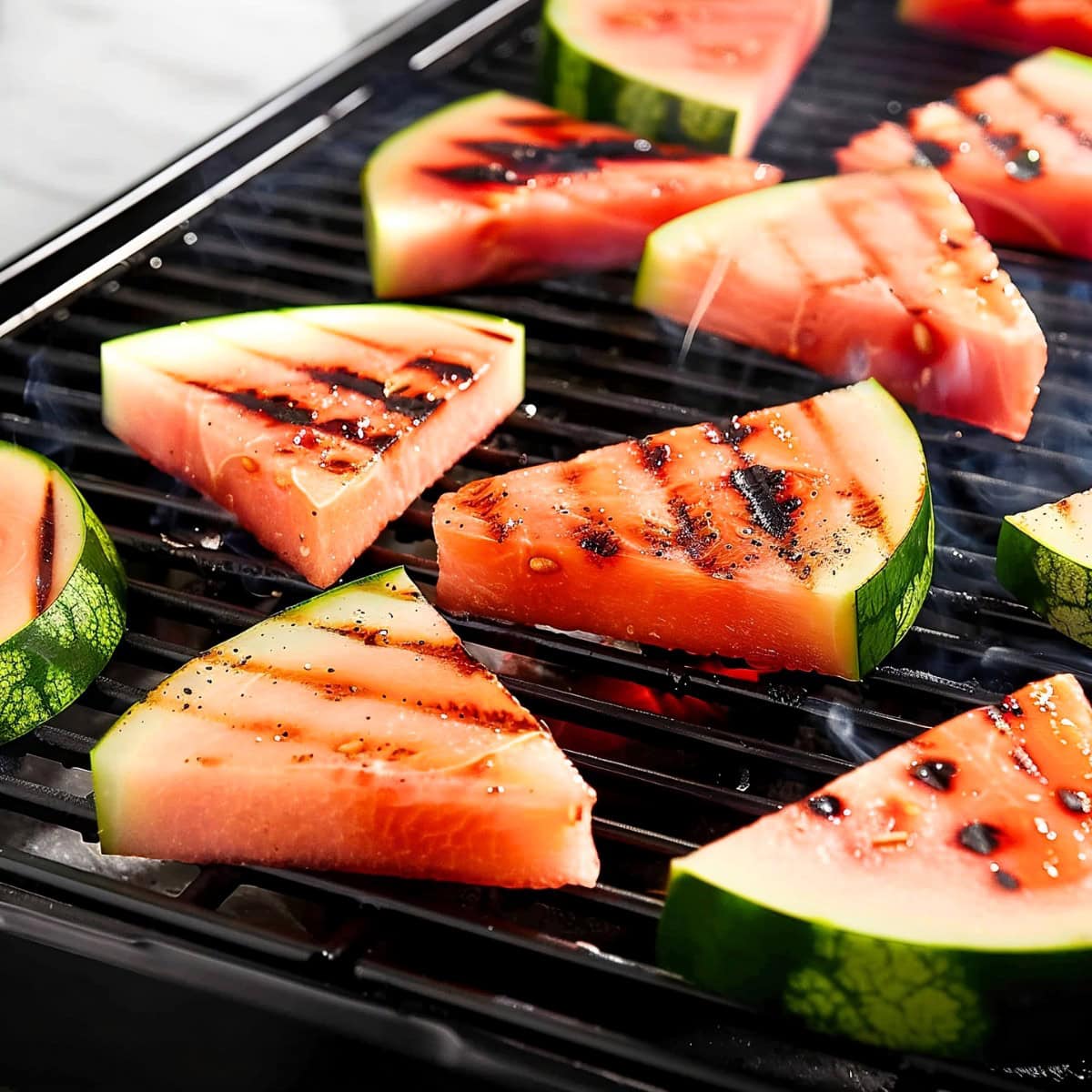 several slices of watermelon are being grilled on a grill
