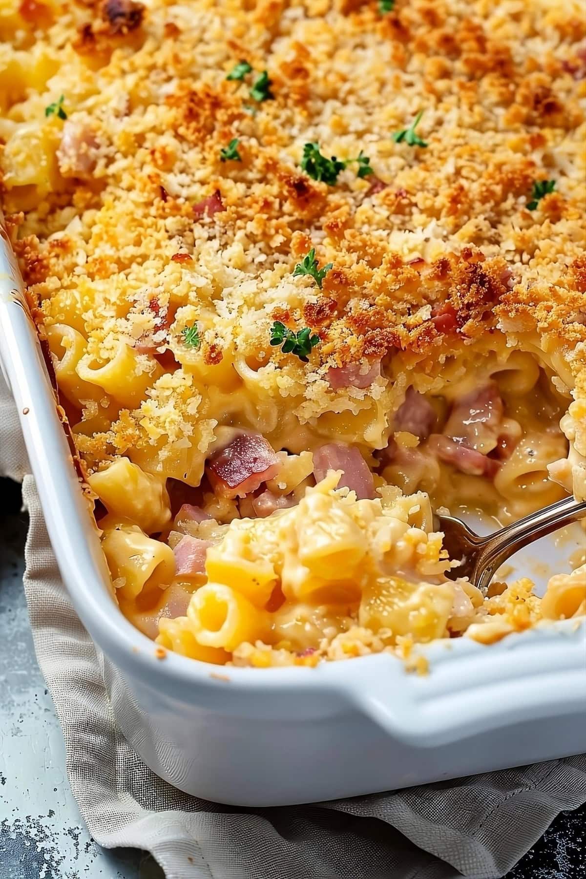 Ham and cheese casserole in baking dish topped with buttery panko bread crumbs.