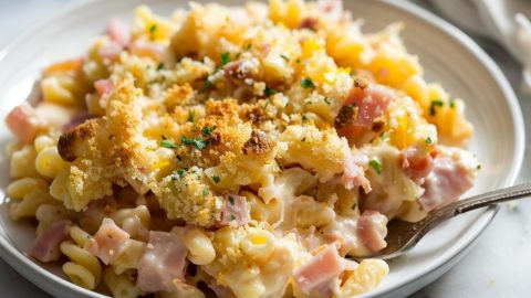 Ham and cheese casserole in a plate with spoon.