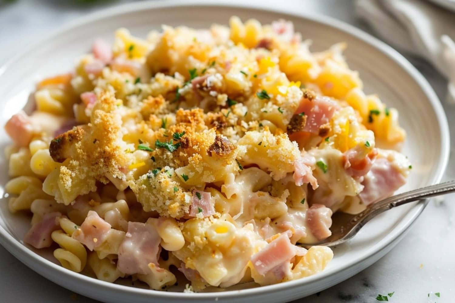 Ham and cheese casserole in a plate with spoon.