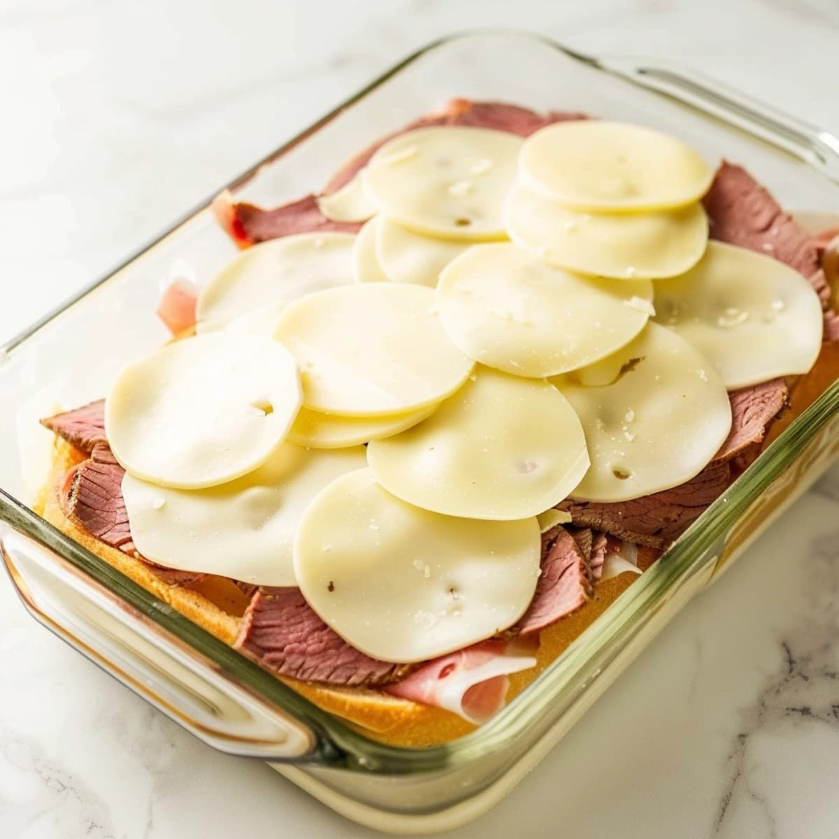 Hawaiian rolls topped with sliced roast beef and provolone cheese in a glass baking dish.