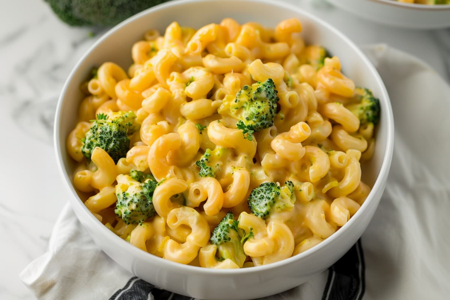Hearty broccoli cheddar mac and cheese in a white bowl, a satisfying twist on the classic comfort food dish, sure to please the whole family