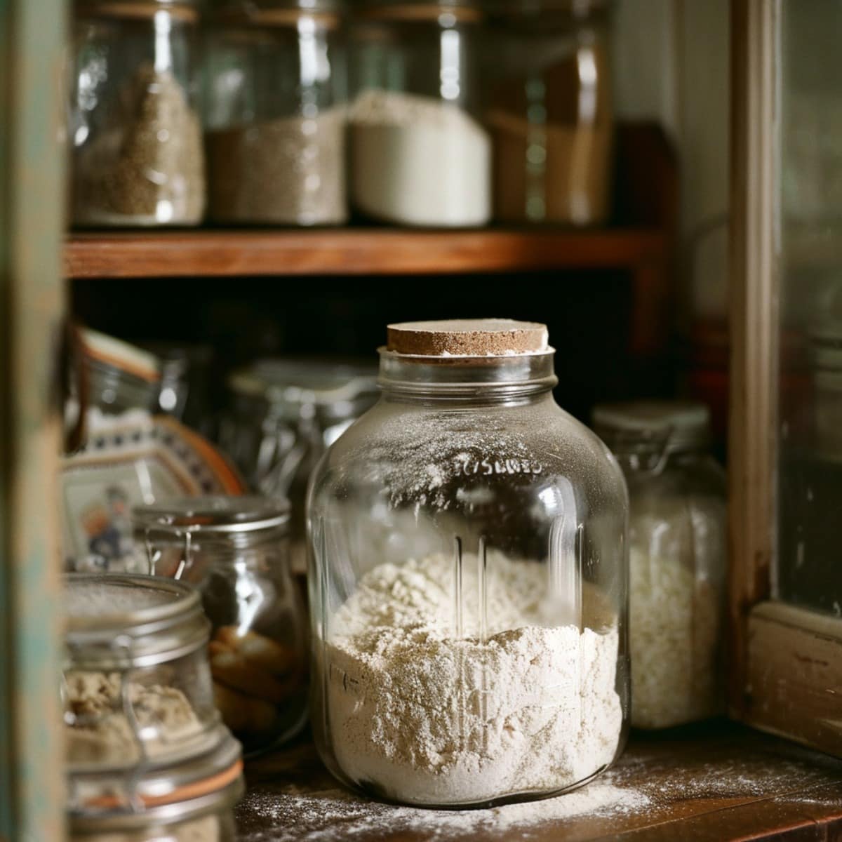 Cake mix upsizer in a jar in a pantry