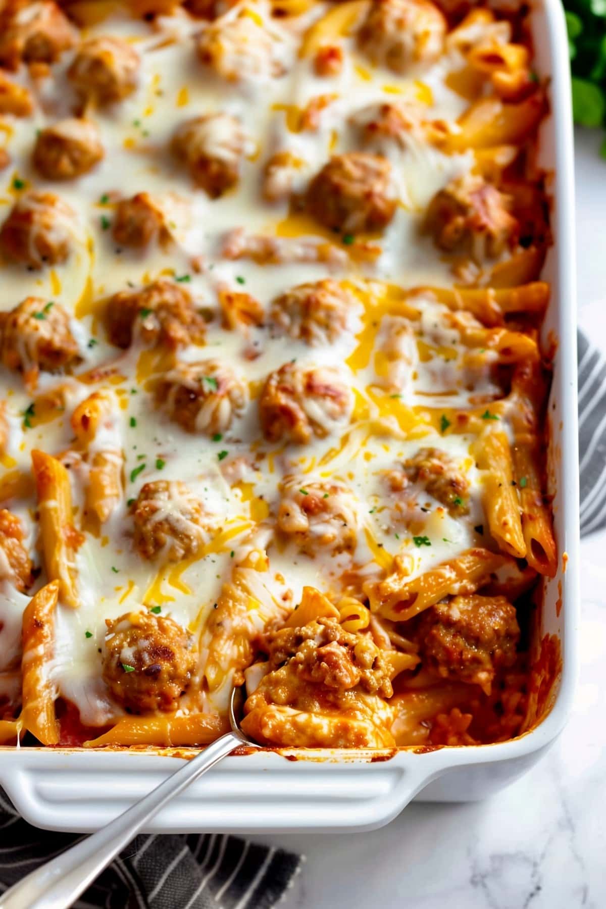 Cheesy and meaty homemade meatball casserole with pasta