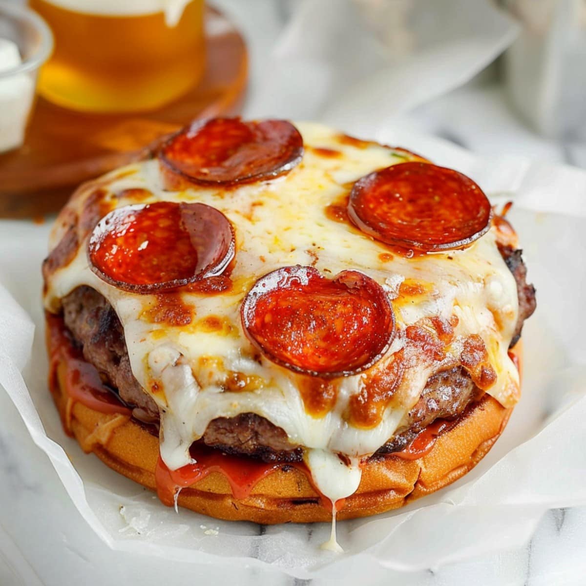Cheesy pizza burgers stuffed with gooey mozzarella and topped pepperoni slices