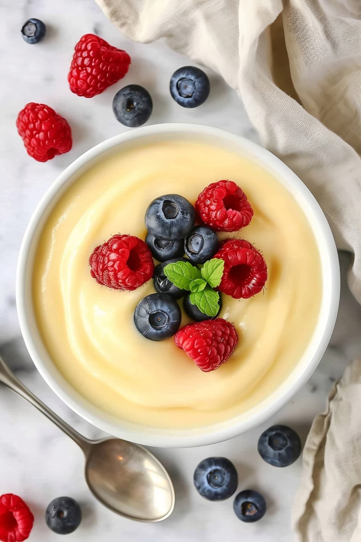 A decadent serving of classic vanilla custard, elegantly presented with raspberries and blueberries.