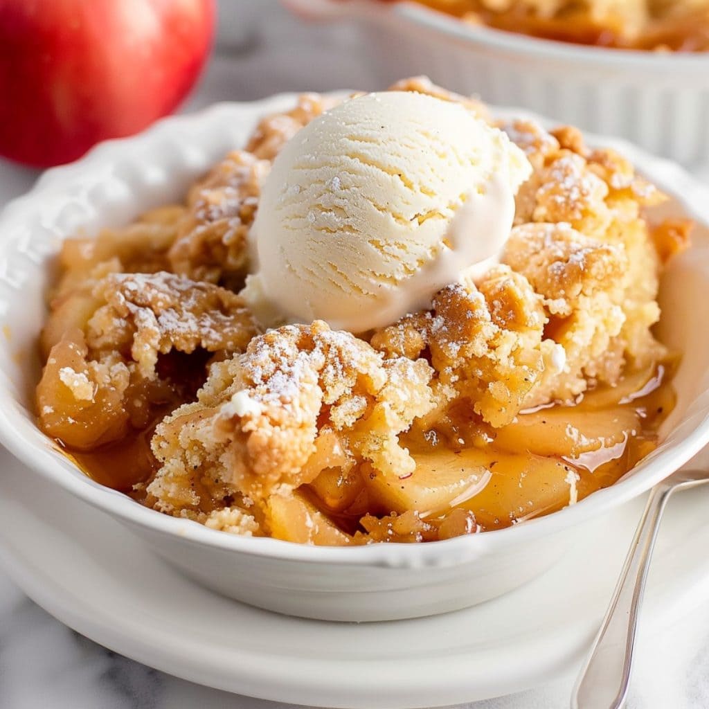 A golden-brown apple cobbler fresh out of the oven, with steam rising from the bubbling fruit filling