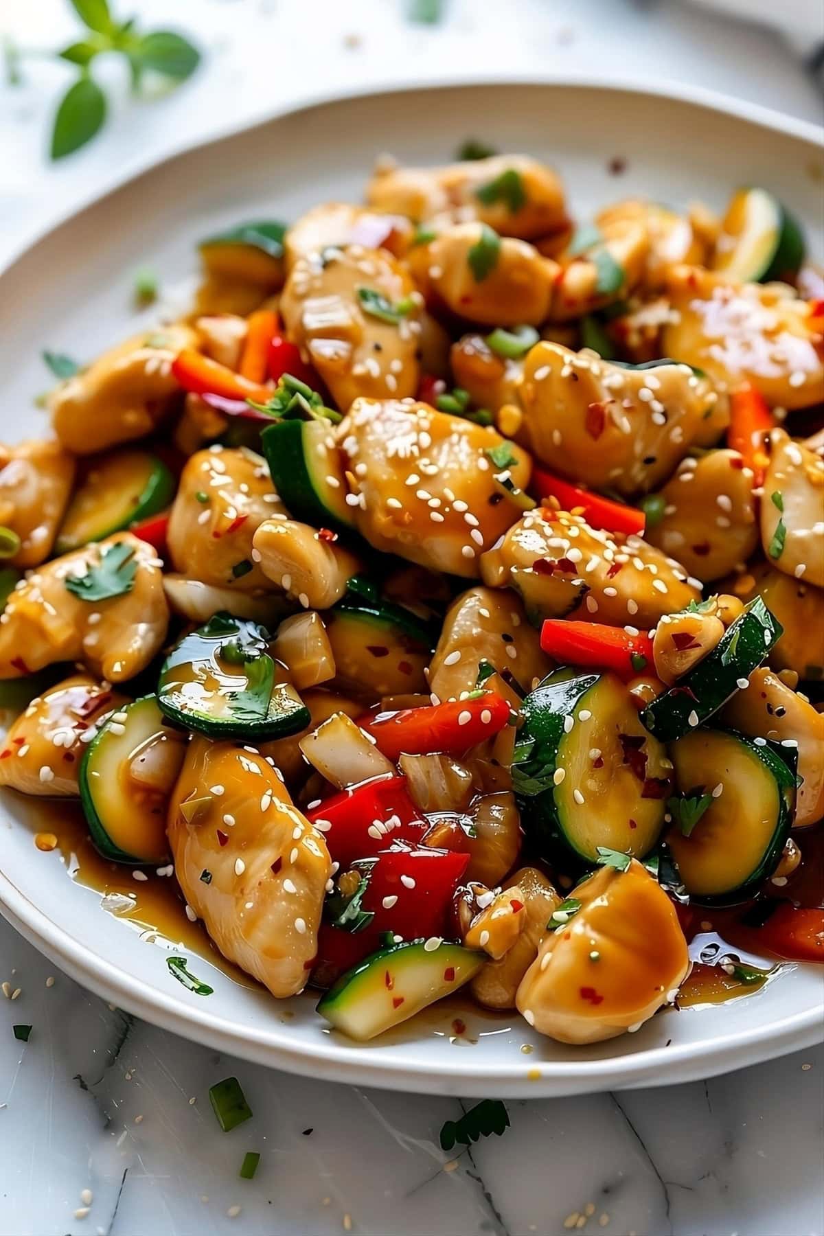 Saucy stir-fried chicken with zucchini and bell pepper in a plate.