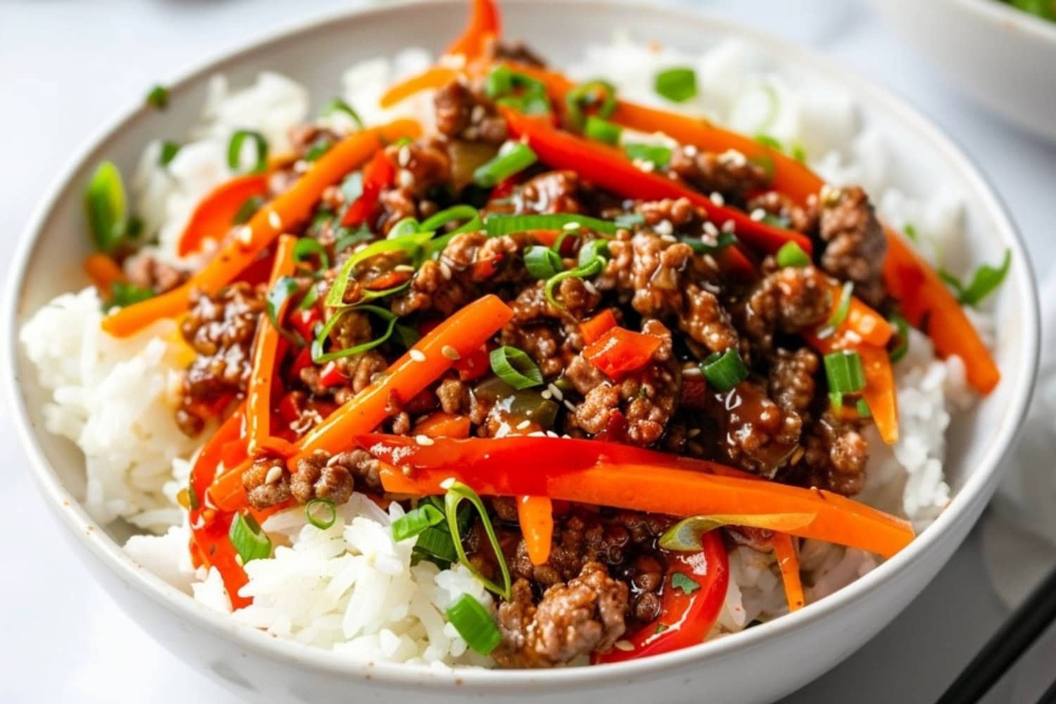 Savory ground beef with carrots, bell peppers and onions topped on a white rice in a bowl.