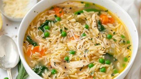 Lemon chicken orzo soup in a white bowl garnished with parmesan cheese.