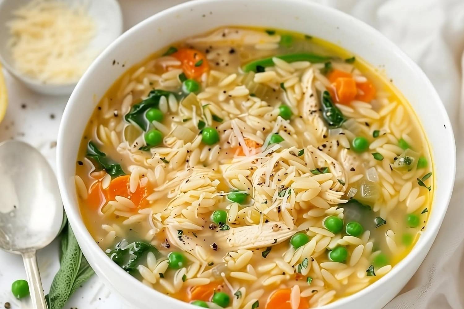 Lemon chicken orzo soup in a white bowl garnished with parmesan cheese.