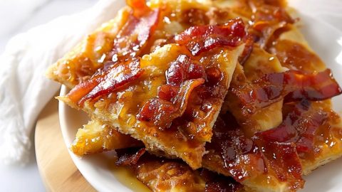 Sliced maple bacon crack on a white plate dripping with syrup.