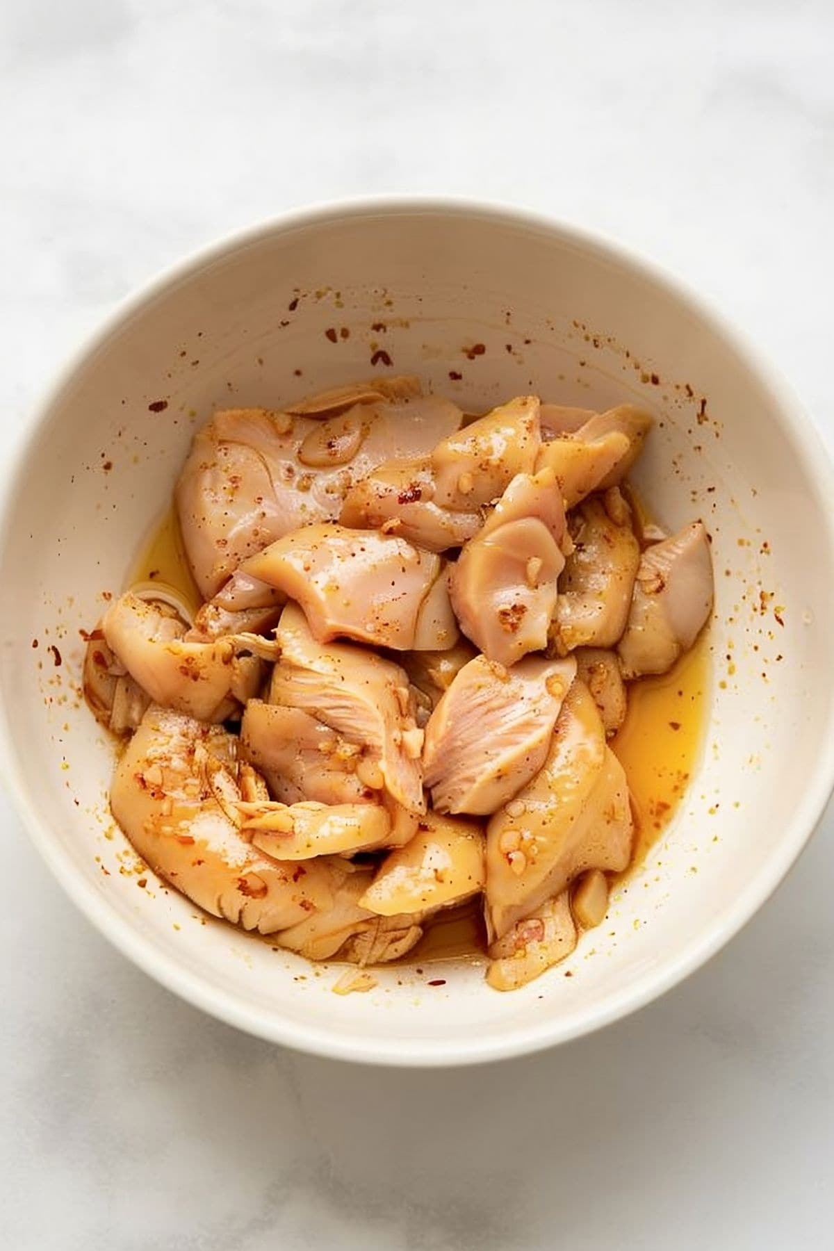 Top view of marinated sliced skinless chicken in a bowl