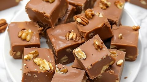 Bunch of marshmallow fluff fudge with walnuts in a white plate.