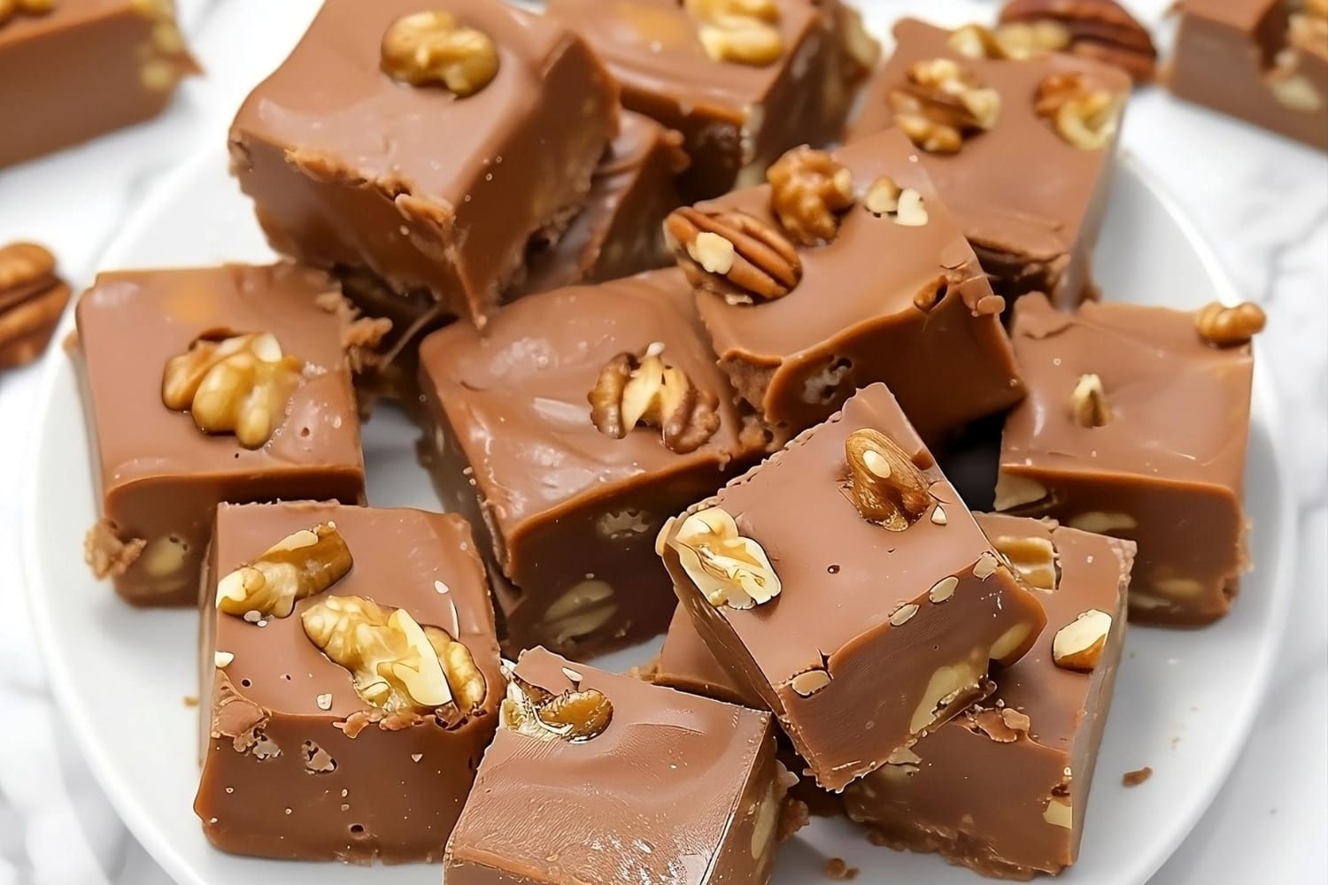 Bunch of marshmallow fluff fudge with walnuts in a white plate.