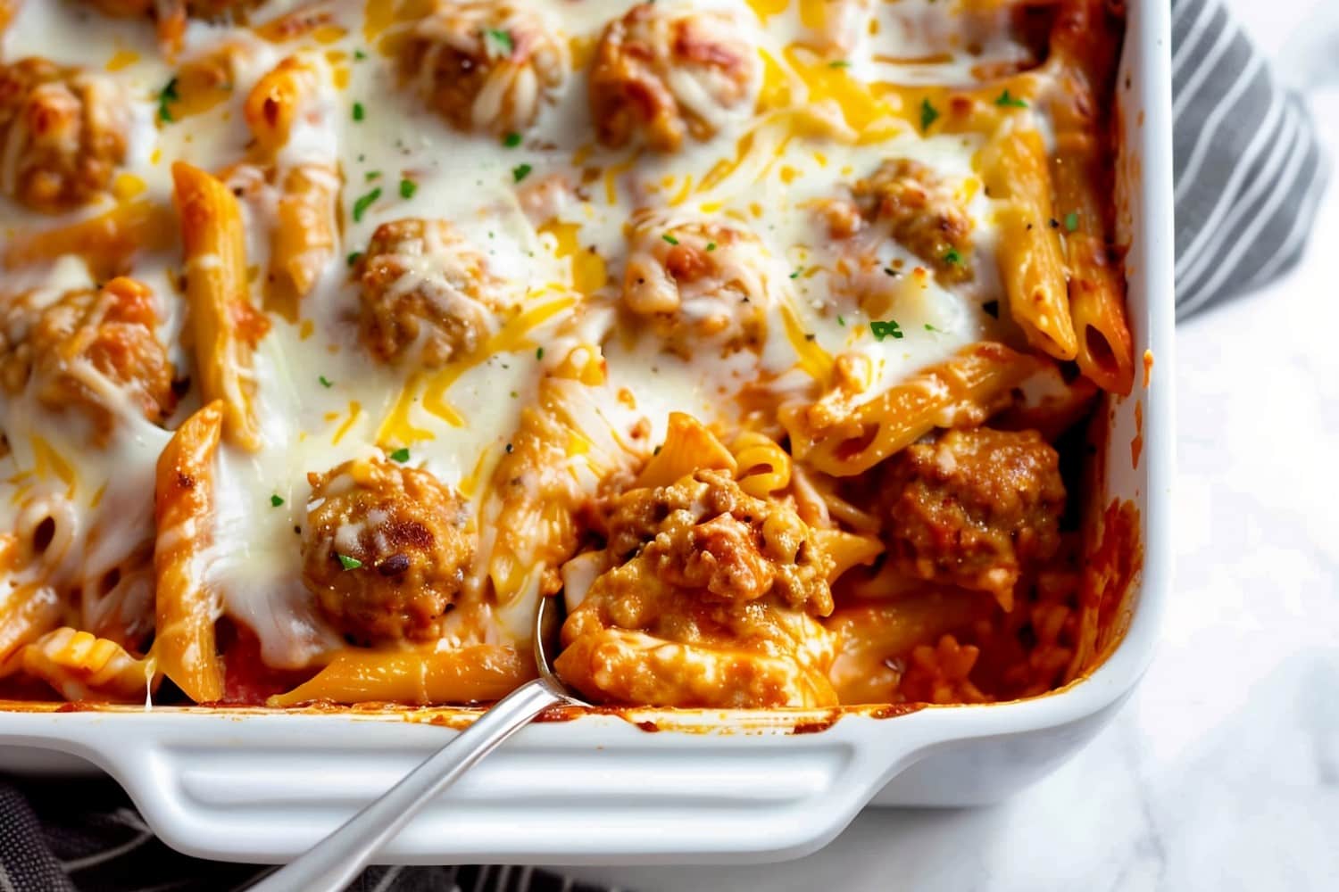Meatball casserole with ziti pasta and tomato sauce, an easy-to-make comfort food classic that's perfect for any occasion