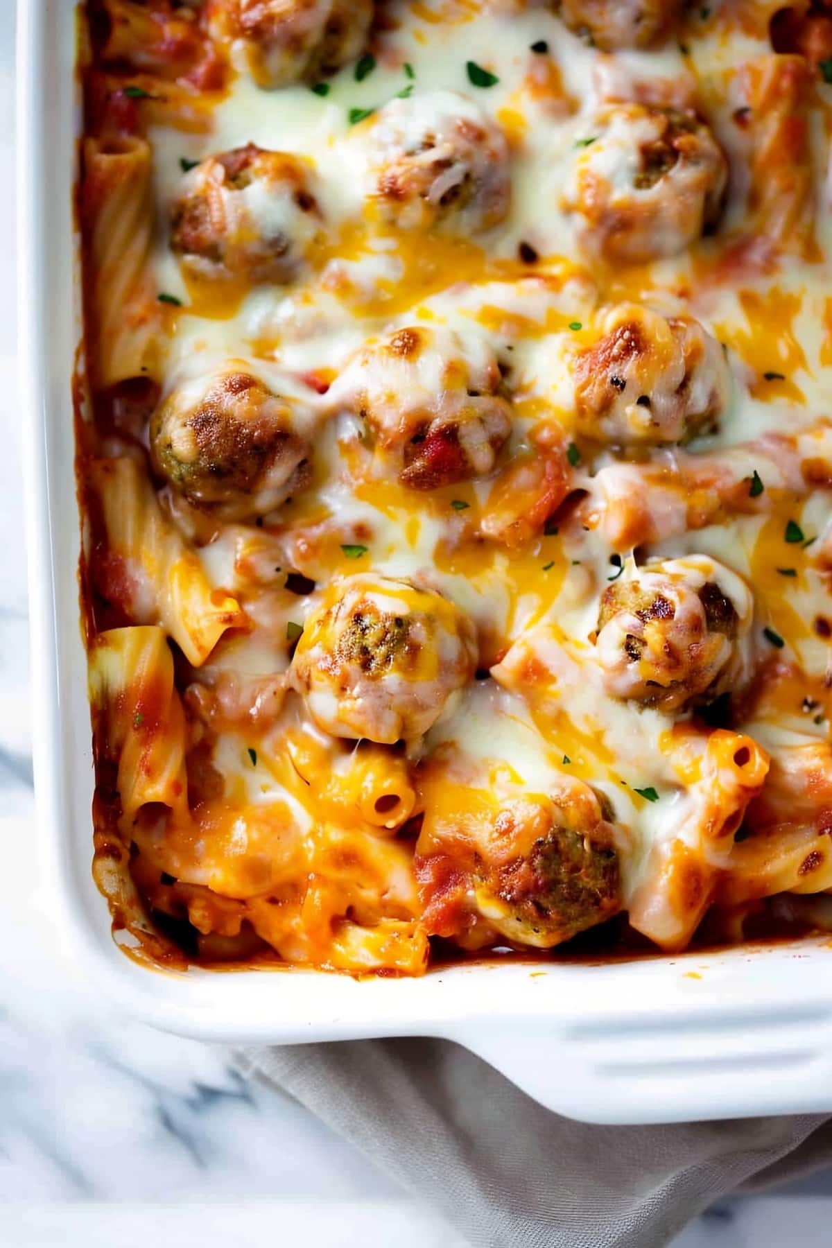 Flavorful homemade meatball casserole featuring baked ziti pasta, tomato sauce and melty cheese