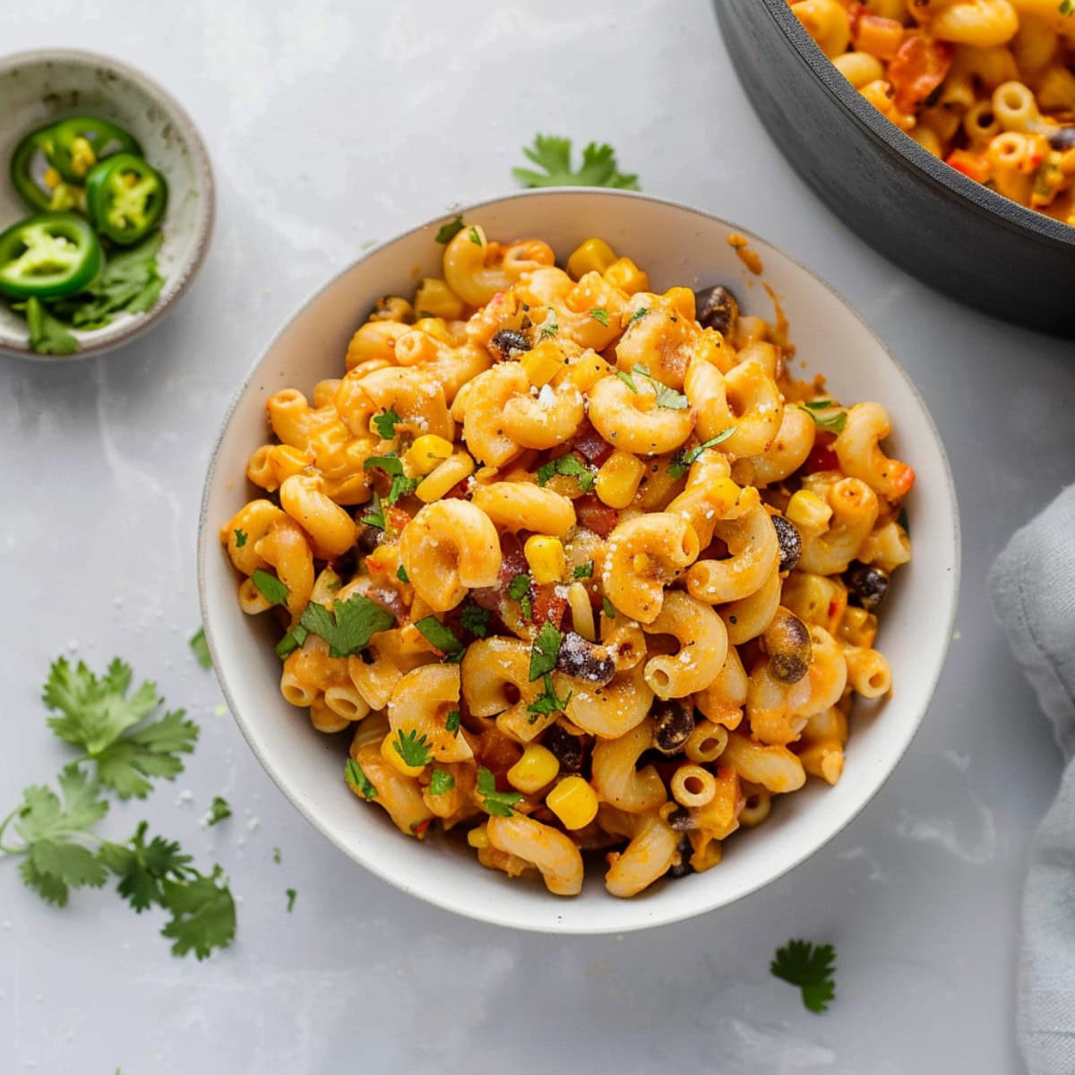 Fully loaded Mexican mac and cheese with black beans, red bell peppers, yellow onions and cilantro