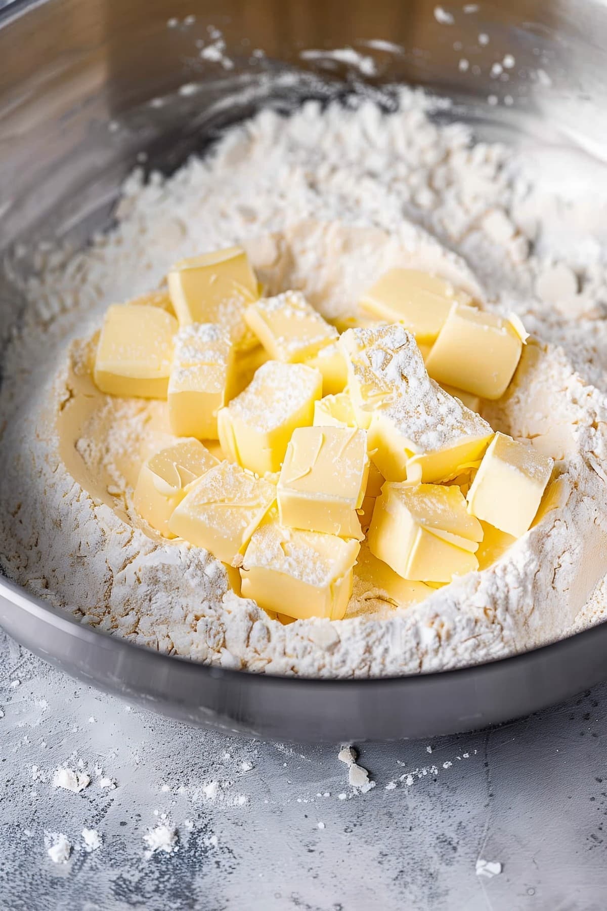 Cubed butter and flour in a mixing bowl