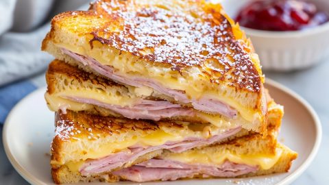 Mouthwatering Monte Cristo sandwich, featuring layers of ham, turkey, and Swiss cheese, sandwiched between slices of buttery French toast