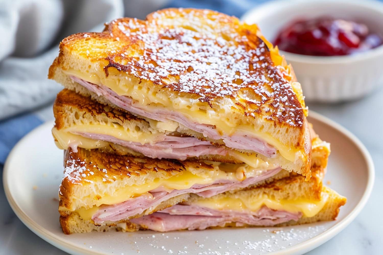 Mouthwatering Monte Cristo sandwich, featuring layers of ham, turkey, and Swiss cheese, sandwiched between slices of buttery French toast
