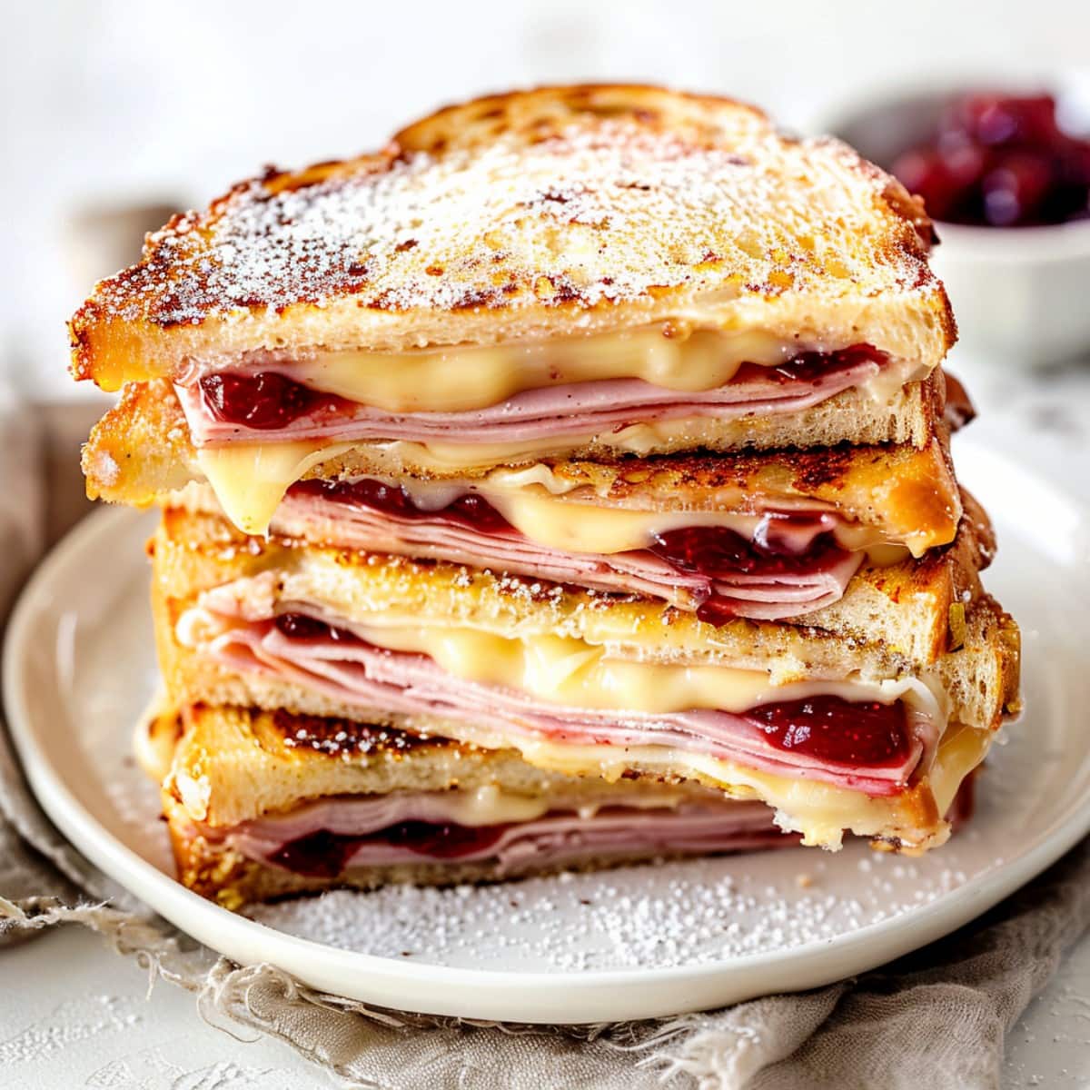 Homemade Monte Cristo sandwich, toasted to crispy perfection and oozing with melted cheese, ham, turkey and raspberry preserve