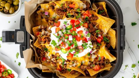Nachos prepared inside an air fryer basket loaded with tacos, veggies, cheese and sour cream.