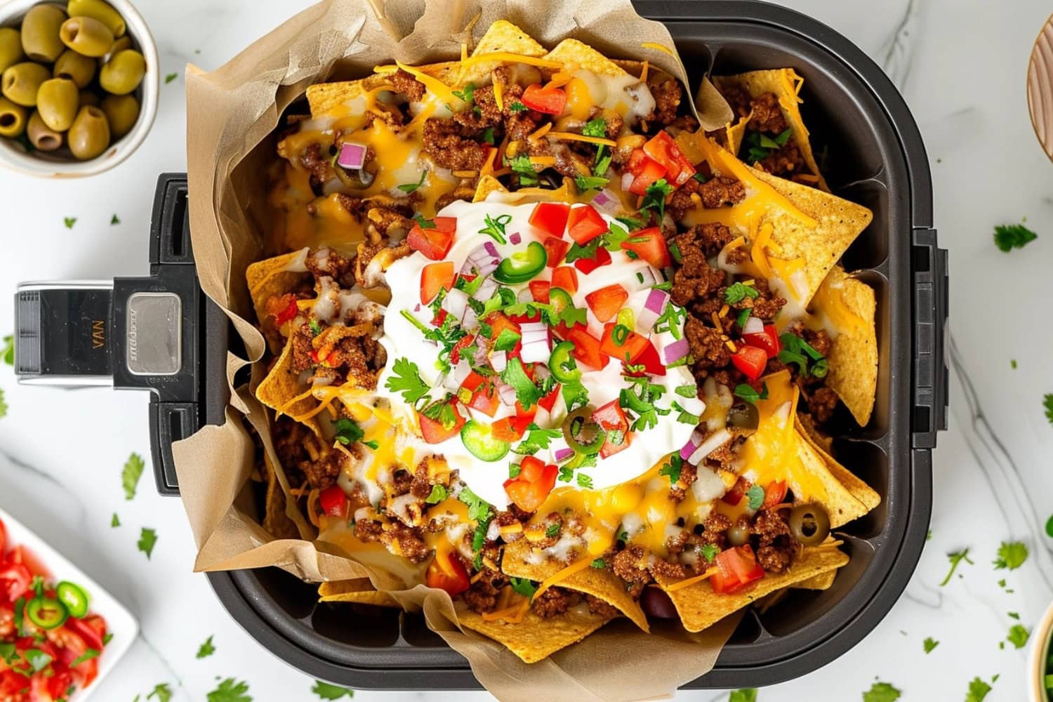 Nachos prepared inside an air fryer basket loaded with tacos, veggies, cheese and sour cream.