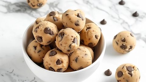 No bake cookie dough bites in a white bowl on a white marble surface.