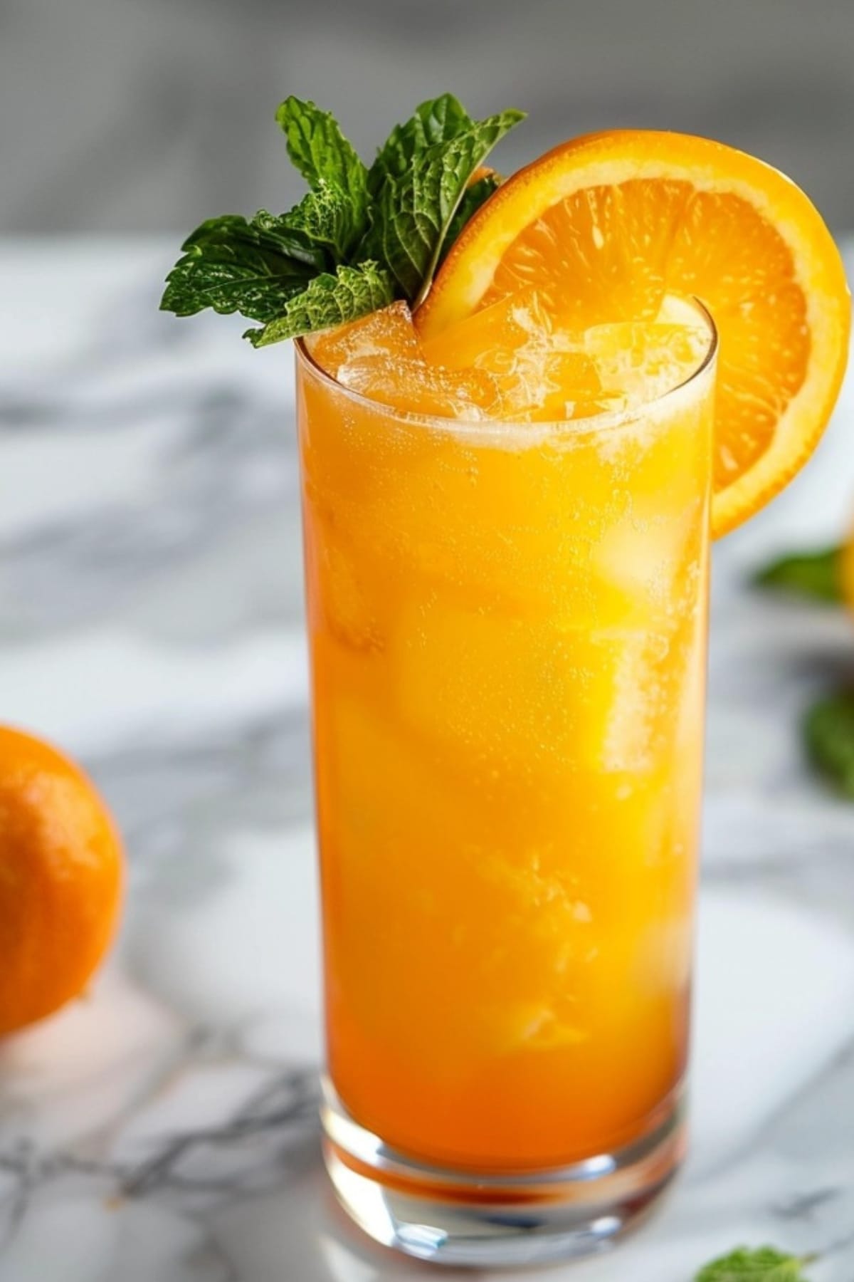 Orange crush cocktail garnished with mint sprig and orange slice served on a high ball glass.