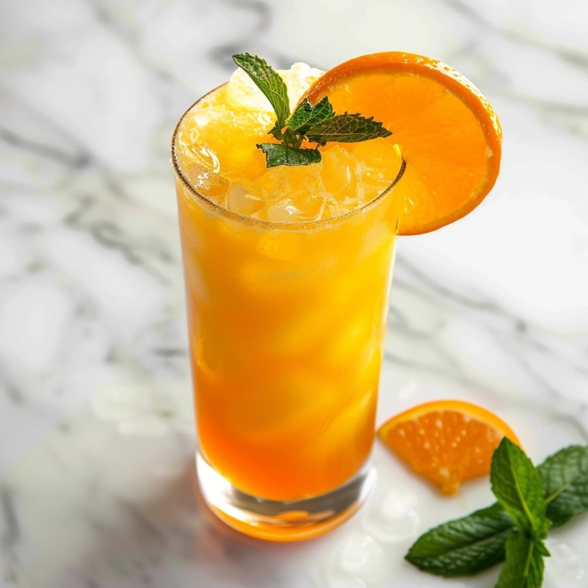 Ice filled orange crush cocktail with mint sprig and orange garnished on a white marble surface.
