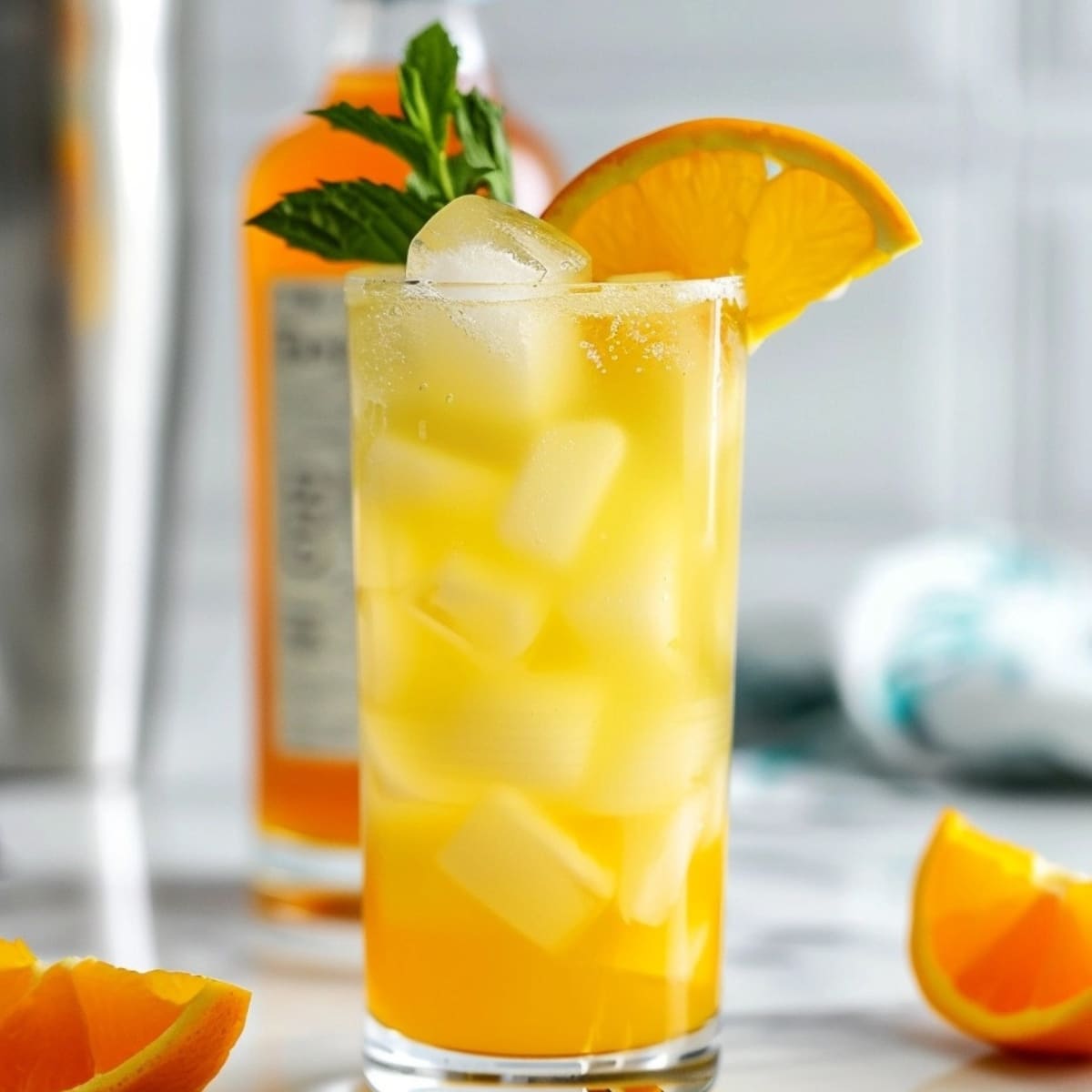 Orange crush cocktail in a high ball glass filled with ice.