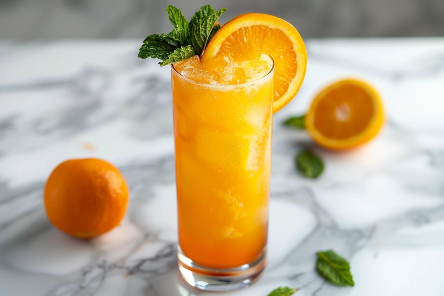 Orange crush cocktail on a high ball glass filled with ice garnished with mint sprig and orang slice.