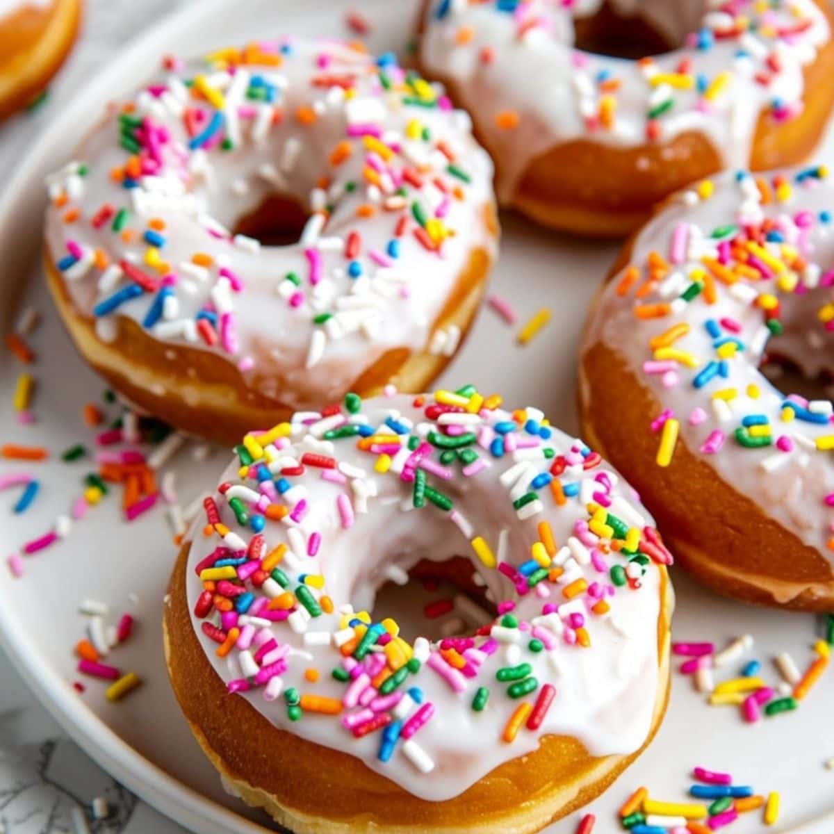Pancake mix donuts with sugar glaze and sprinkles on a white plate.