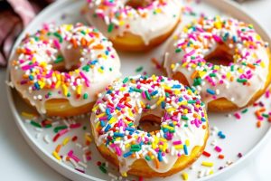 Pancake mix donuts with sugar glaze and rainbow sprinkles served on a white plate.