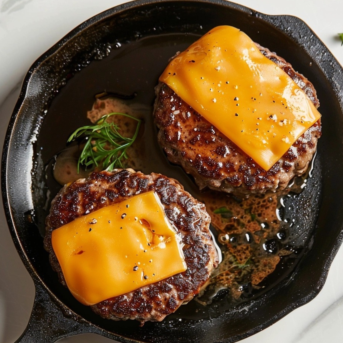 Crack burger patty in skillet topped with cheese slice.